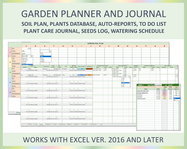 May include: A green and white printable garden planner spreadsheet for Excel. The spreadsheet includes sections for soil plan, plants database, auto-reports, to do list, plant care journal, seeds log, and watering schedule. The text "Works with Excel Ver. 2016 and Later" is at the bottom of the spreadsheet.