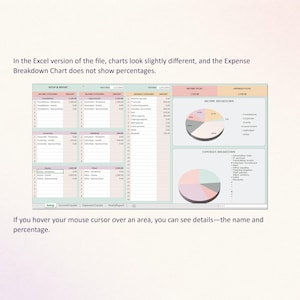 Puede incluir: Una interfaz de hoja de c&aacute;lculo digital titulada SETUP & REPORT que presenta categor&iacute;as de ingresos y gastos, columnas de datos num&eacute;ricos y dos gr&aacute;ficos circulares etiquetados como INCOME BREAKDOWN y EXPENSES BREAKDOWN.