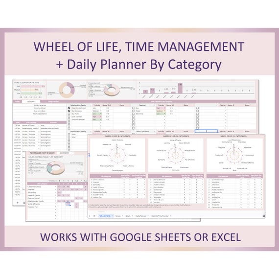 Life wheel  Daily planner sheet  Life balance wheel  Daily hourly planner Daily schedule planner  Template  Spreadsheet Excel  Google sheets