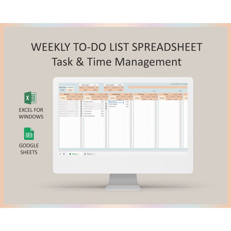 May include: A computer screen displaying a weekly to-do list spreadsheet template. The spreadsheet is divided into days of the week, with columns for task name, estimated time, and actual time. The template is available in both Excel and Google Sheets formats.