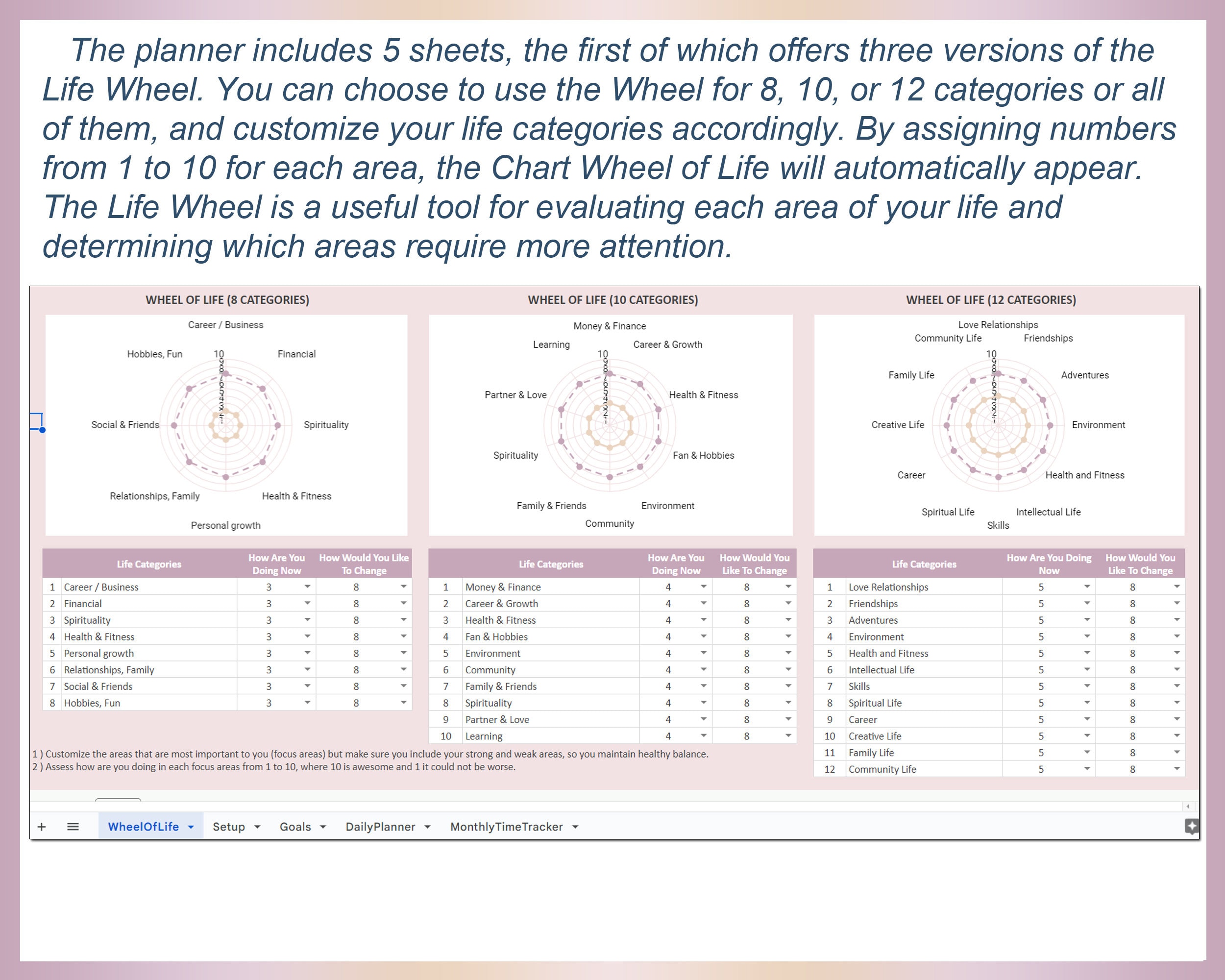 Life Wheel Daily Planner Sheet Life Balance Wheel Daily Hourly Planner ...