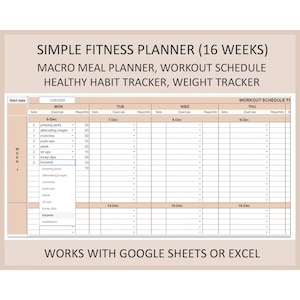 Fitness Planner Spreadsheet Excel Google Sheets Workout Organizer Weight Loss Tracker Digital Journal Healthy Life Routine Training Log