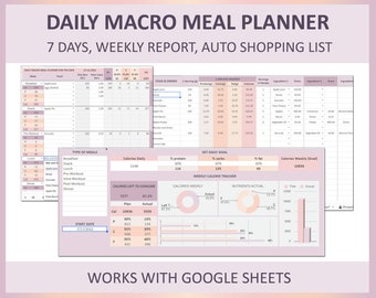 Macro meal planner spreadsheet, Google Sheets meal planner, Macro diet meal planner, Calorie tracker, Fitness meal planner, Meal template