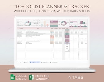Excel To Do プランナー、Excel タスク トラッカー、毎日の To Do リスト、毎週の To Do リスト、タスク管理、個人ライフ プランナー、プランナー Google スプレッドシート