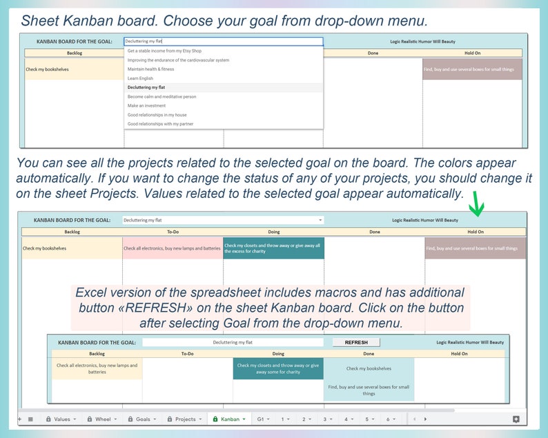 K&ouml;nnte beinhalten: Ein Screenshot einer Tabellenkalkulation mit einem Kanban-Board zur Zielsetzung. Das Board ist in Spalten unterteilt, die mit "Backlog", "To-Do", "Doing", "Done" und "Hold On" beschriftet sind. Das Ziel ist "Decluttering my flat". Die Tabellenkalkulation enth&auml;lt einen Button mit der Bezeichnung "REFRESH", um das Board zu aktualisieren.