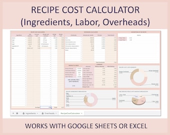 Recipe costing template, Recipe cost calculator, Cake pricing calculator, Baking Ingredient cost calculator, Formula, Excel, Google sheets
