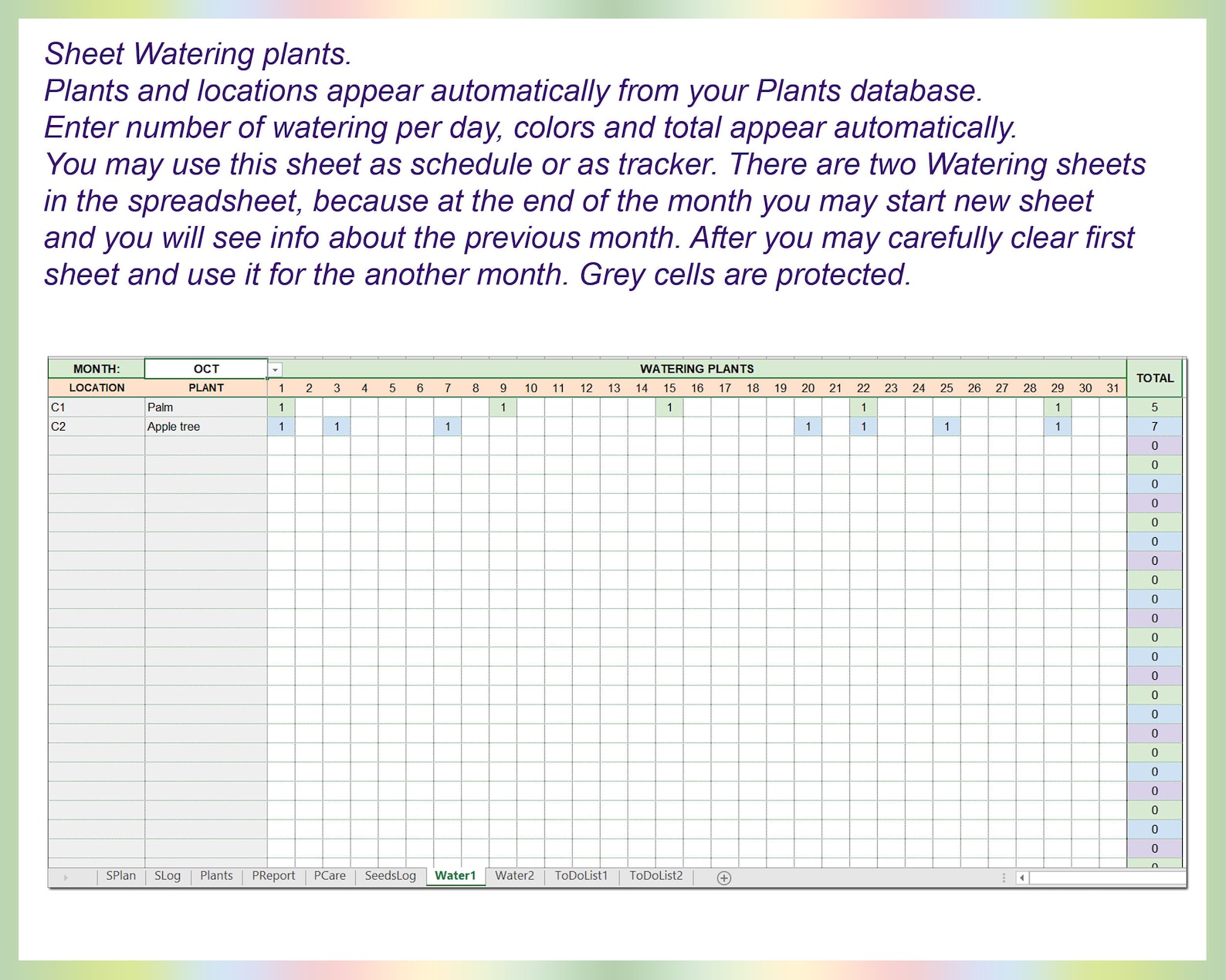 Excel Garden Planner, Plant Care Worksheet, Excel Plants Journal