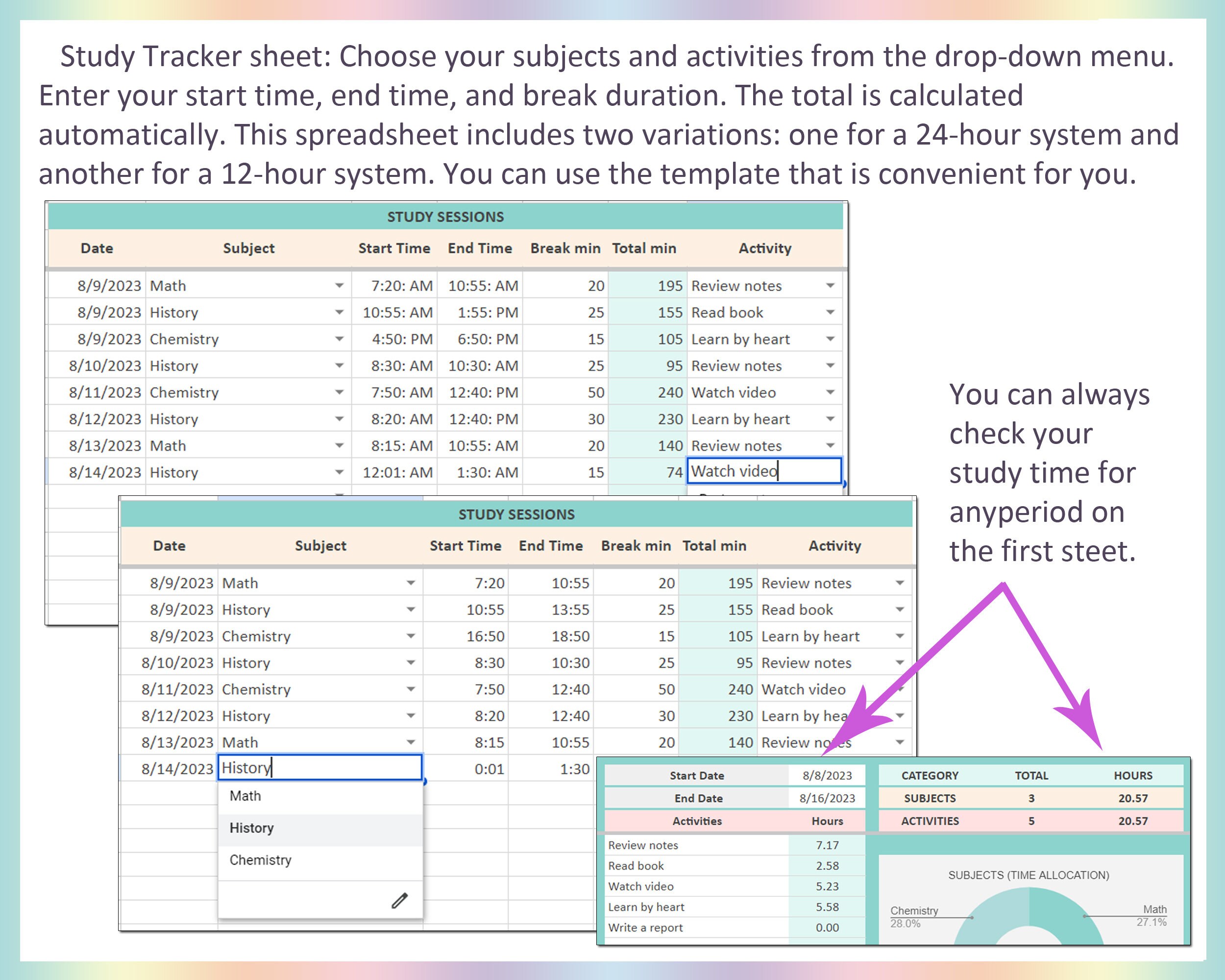 Student Planner Spreadsheet Study Time Tracker Digital Homework ...