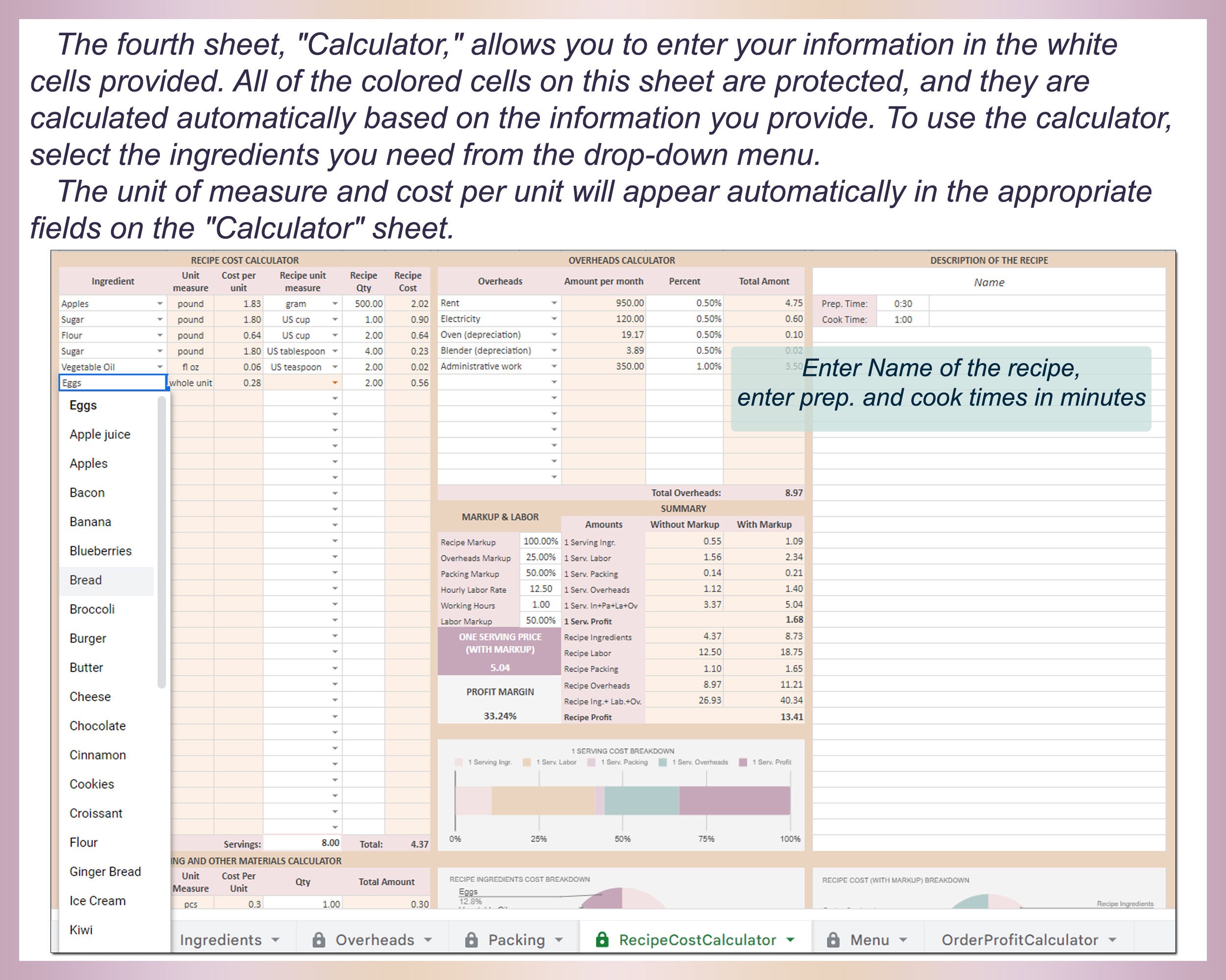 Recipe Cost Calculator Excel Template Order Profit Formula Baking Price ...