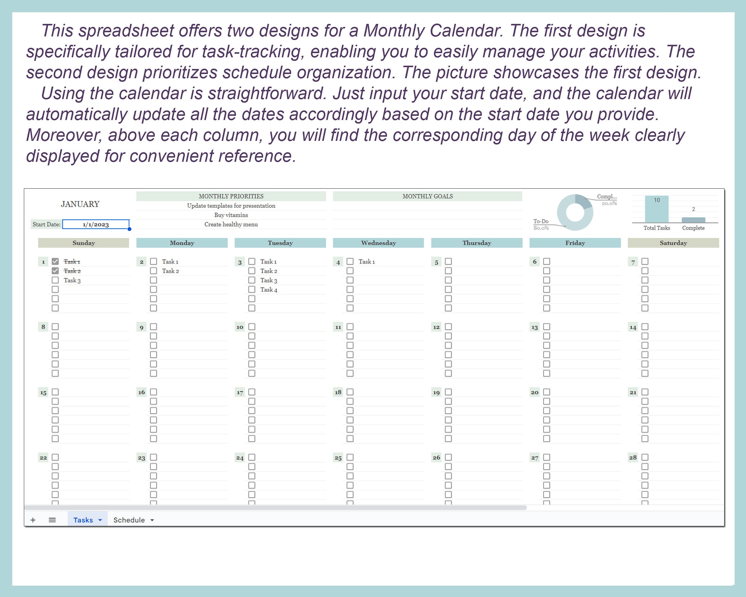 Monthly Calendar Excel Template Planner Google Sheets Monthly Schedule ...