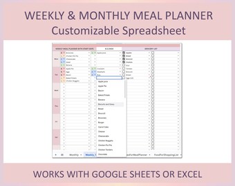 デジタル食事プランナー Excel テンプレート 週次月次メニューオーガナイザー 編集可能な Google スプレッドシート 食料品リストトラッカー ホームキッチンプランニング用