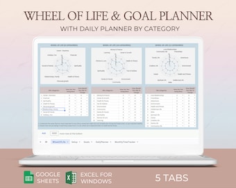 Life wheel, Daily planner sheet, Life balance wheel, Daily hourly planner, Daily schedule planner, Template, Spreadsheet, Excel,Google sheet