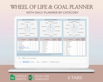 Rueda de vida, Hoja de planificación diaria, Rueda de equilibrio de vida, Planificador horario diario, Planificador de programación diaria, Plantilla, Hoja de cálculo, Excel, Hoja de Google