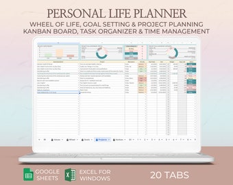 Life planner excel, Goal setting, Project planner template, Kanban board, Task tracker, Productivity, Spreadsheet, Living well planner Excel