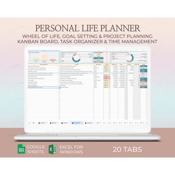 Life planner excel, Goal setting, Project planner template, Kanban board, Task tracker, Productivity, Spreadsheet, Living well planner Excel