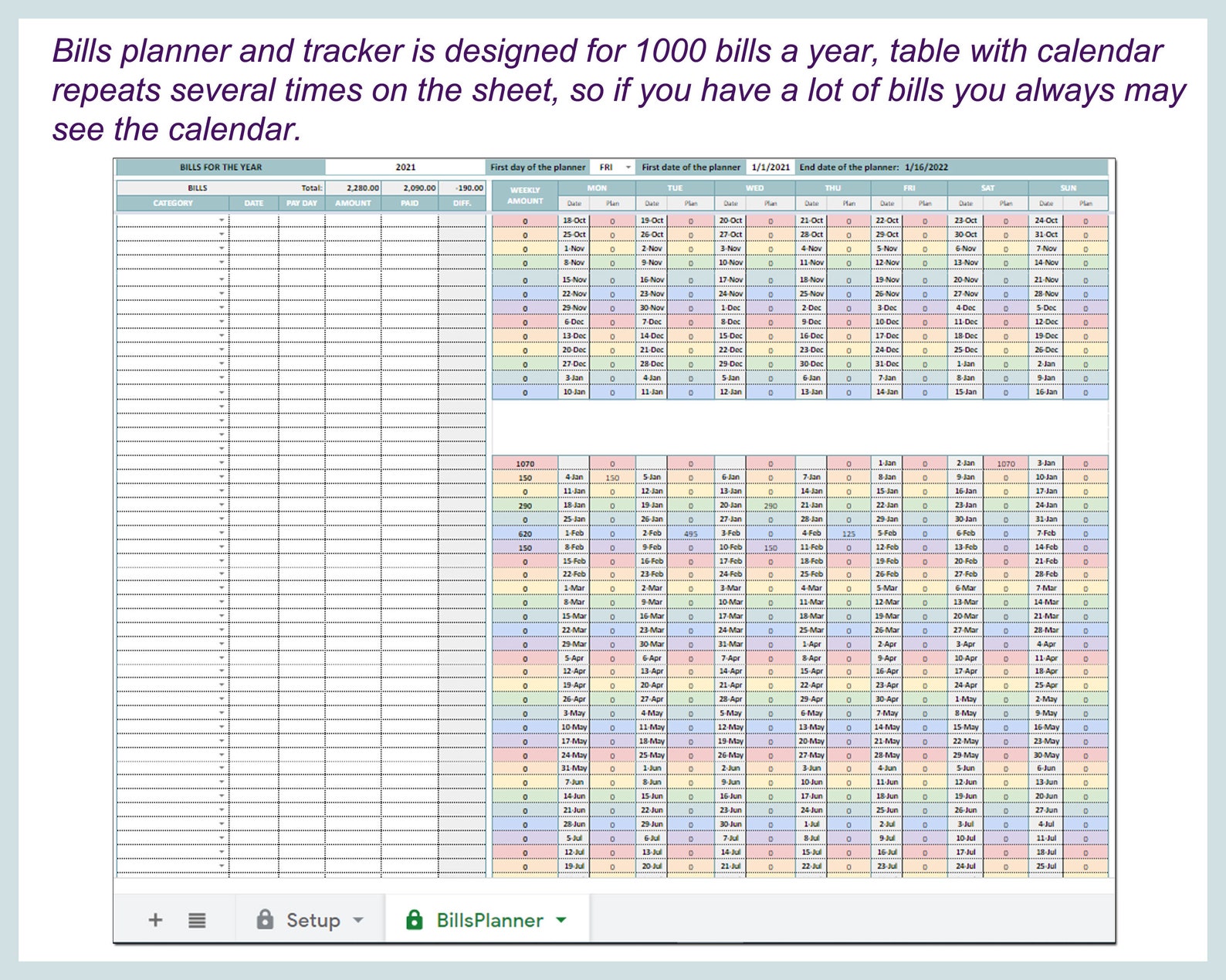 Bills Planner &amp; Tracker Bill Calendar Bills Spreadsheet | Etsy