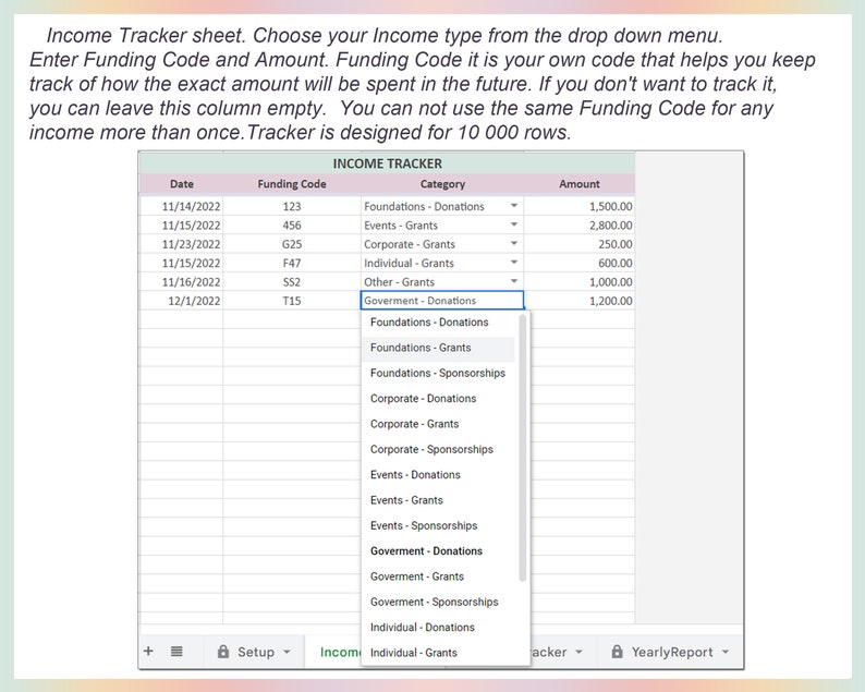 Income and Expense Tracker For Non-Profit Organization, Bookkeeping, Accounting, Spending tracker, Business tracker, Google sheets, Excel image 3