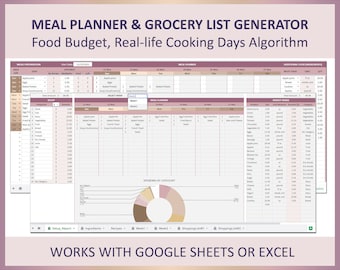 Weekly Meal Planner with Grocery List Generator Menu Planning Calendar Family Food Organizer Meal Prep Template Google Sheets for Home Use