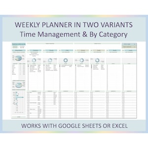May include: A weekly planner template with a light blue and green color scheme. The planner is divided into sections for daily priorities, weekly schedule hours, and weekly schedule blocks. The planner also includes a section for notes. The text "WORKS WITH GOOGLE SHEETS OR EXCEL" is at the bottom of the planner.