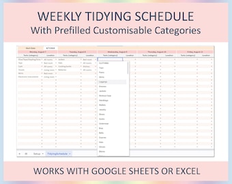 Decluttering Planner Weekly Tidying Schedule Cleaning Checklist Chore List Editable Template Excel Google Sheets Organizer Undated Layout