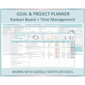 May include: A colorful spreadsheet template for goal and project planning. The template includes a Kanban board, time management tools, and a progress tracker. The spreadsheet is designed to help users organize their goals, projects, and tasks, and track their progress over time.