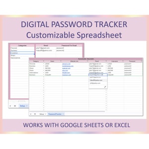 Password Tracker Template Spreadsheet Excel Google Sheets Digital Log Accounts Organizer Secure Passwords Sheet Undated Planning Format
