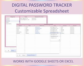 Password Tracker, Password tracker template, Passwords spreadsheet, Password log, Accounts tracker, Digital tracker, Google sheets, Excel