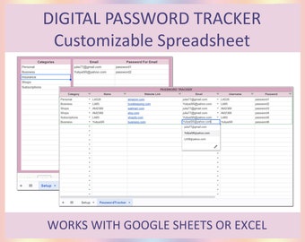 Password Tracker Template Spreadsheet Excel Google Sheets Digital Log ...