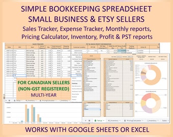 Canadian Etsy Sellers Bookkeeping Spreadsheet for Inventory, Expenses, Sales Tracking, Profit/Loss, Pricing Tool, Excel & Google Sheets