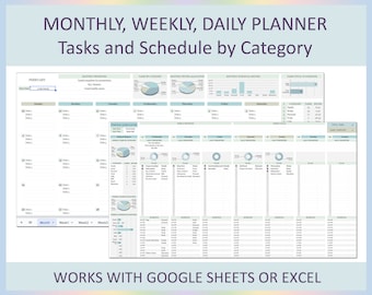 Monthly, Weekly planner, Monthly to do list, Daily to do list, Planner, Undated Planner Template, Spreadsheet, Excel Planner,Google sheets,