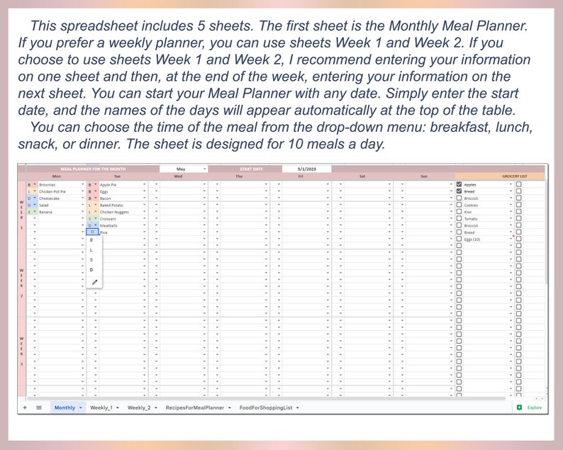 Excel Meal Planner, Grocery List, Simple Meal Planner, Meal Planner