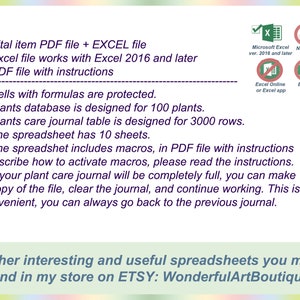 May include: A digital download for a plant care journal spreadsheet. The spreadsheet is compatible with Microsoft Excel 2016 and later. The spreadsheet includes 10 sheets and macros. The image also shows icons for Microsoft Excel, Numbers, Excel Online, and Excel for Mac.