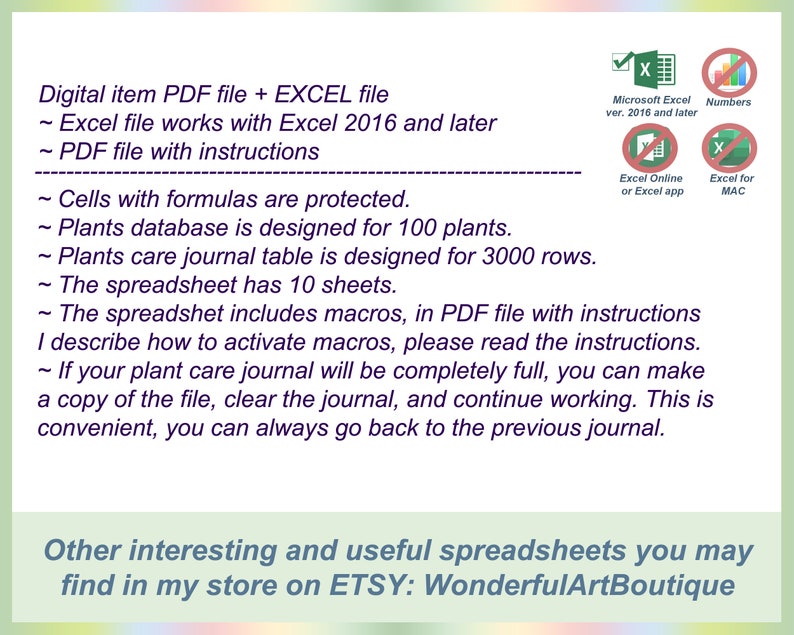May include: A digital download for a plant care journal spreadsheet. The spreadsheet is compatible with Microsoft Excel 2016 and later. The spreadsheet includes 10 sheets and macros. The image also shows icons for Microsoft Excel, Numbers, Excel Online, and Excel for Mac.