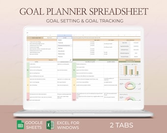 Könnte beinhalten: Ein Laptop-Bildschirm zeigt eine Tabellenkalkulation mit dem Titel "Goal Planner Spreadsheet: Goal Setting & Goal Tracking". Die Tabellenkalkulation ist in zwei Registerkarten unterteilt, eine für die Zielsetzung und eine für die Zielverfolgung. Die Tabellenkalkulation enthält Spalten für den Zielnamen, die Aktivität, den Fortschritt, mögliche Lösungen und mehr.