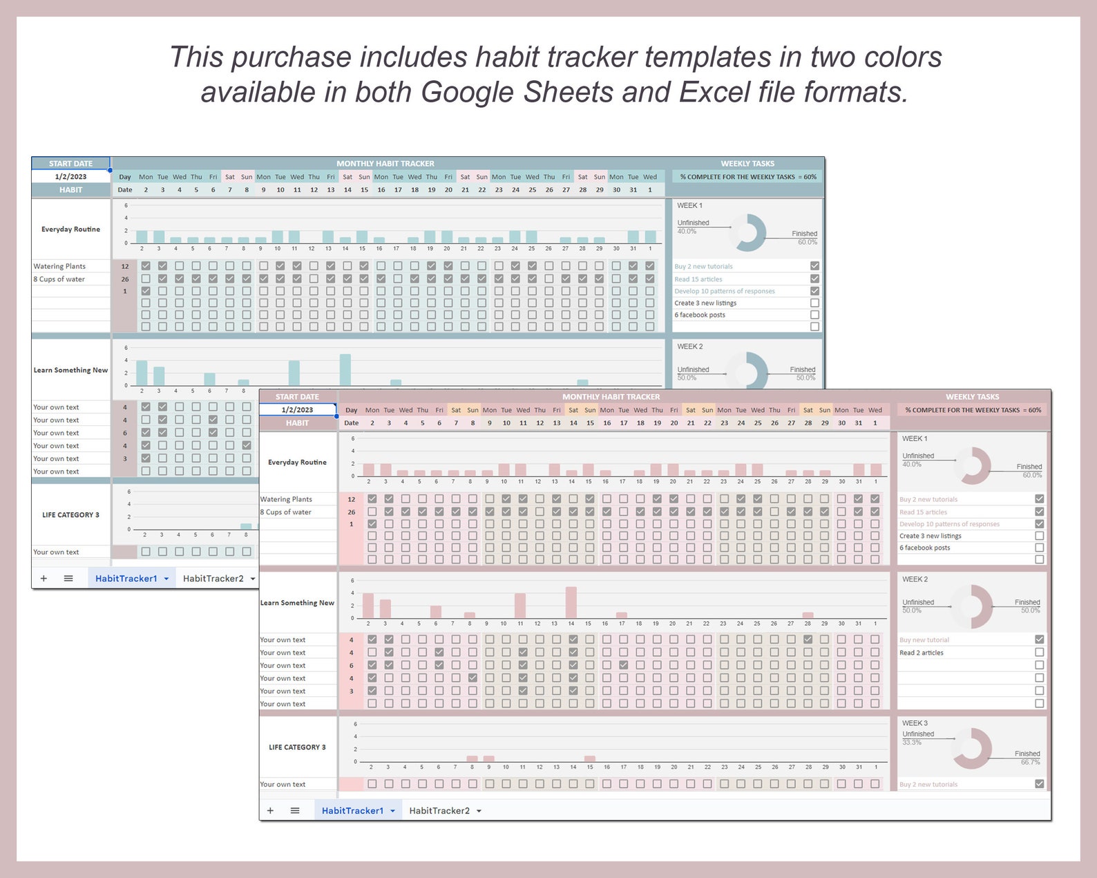 Habit Tracker Spreadsheet, Habit Tracker Template, Editable Monthly