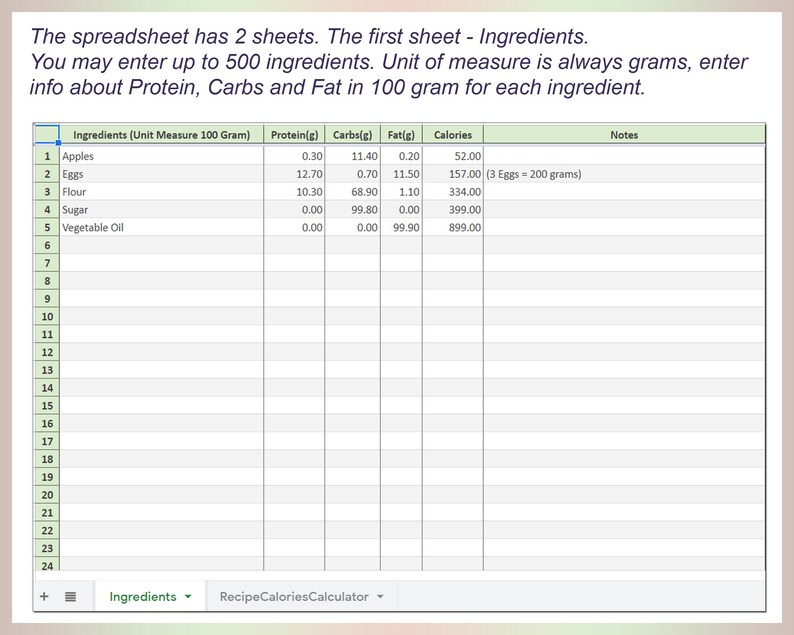 Recipe Calories Calculator Google Sheets Nutrition Counter Meal Calorie ...