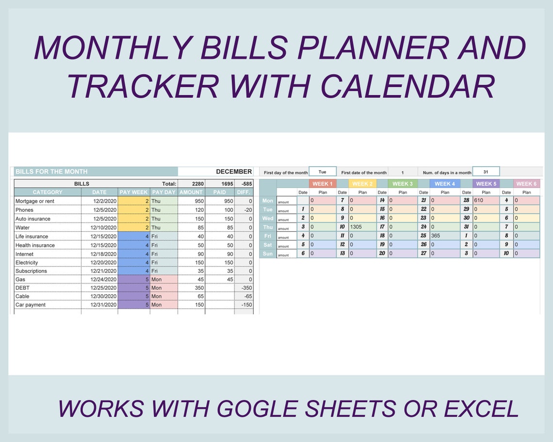 Bills Planner &amp; Tracker Bill Calendar Bills Spreadsheet - Etsy