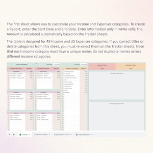 Puede incluir: Una plantilla de hoja de c&aacute;lculo digital para seguimiento financiero con una hoja de configuraci&oacute;n e informe. La interfaz incluye secciones para categor&iacute;as de ingresos, gastos y totales autom&aacute;ticos, con pesta&ntilde;as para Setup, IncomeTracker, ExpensesTracker y YearlyReport.