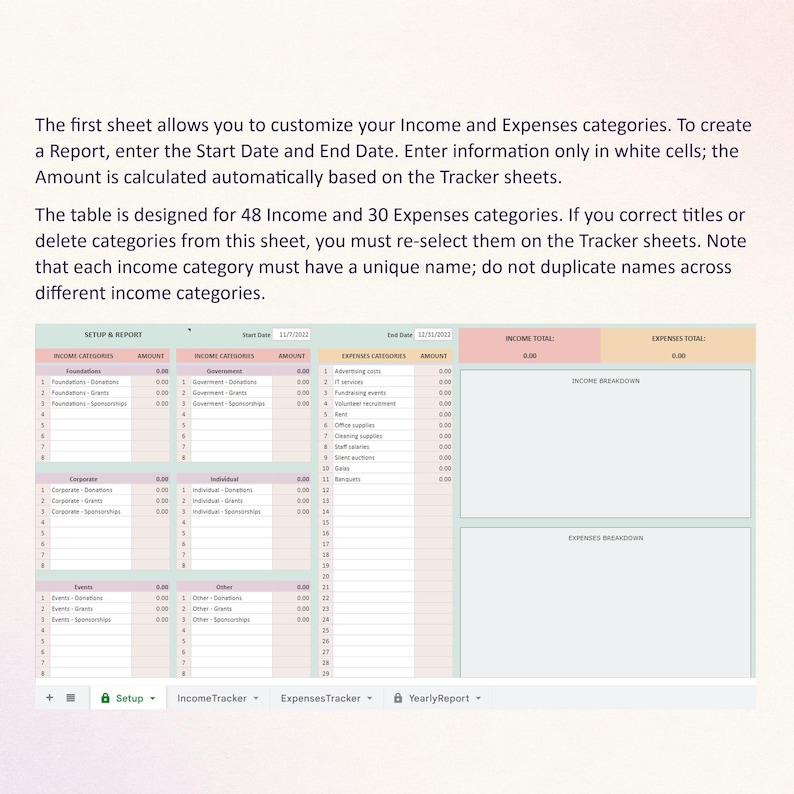 Puede incluir: Una plantilla de hoja de c&aacute;lculo digital para seguimiento financiero con una hoja de configuraci&oacute;n e informe. La interfaz incluye secciones para categor&iacute;as de ingresos, gastos y totales autom&aacute;ticos, con pesta&ntilde;as para Setup, IncomeTracker, ExpensesTracker y YearlyReport.