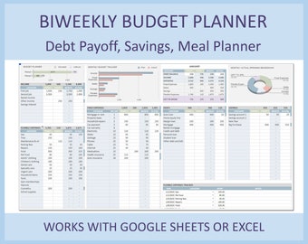 May include: A biweekly budget planner spreadsheet template in a light blue, grey, and white colour scheme. The spreadsheet is titled "Biweekly Budget Planner: Debt Payoff, Savings, Meal Planner". The spreadsheet includes sections for income, expenses, debt, savings, and a monthly budget tracker.