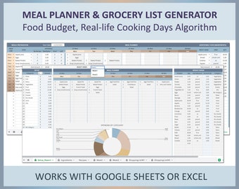 Meal planner with Shopping list generator, Menu planning, Food planner, Weekly meal planner, Meal prep planner, Meal planner Google, Excel