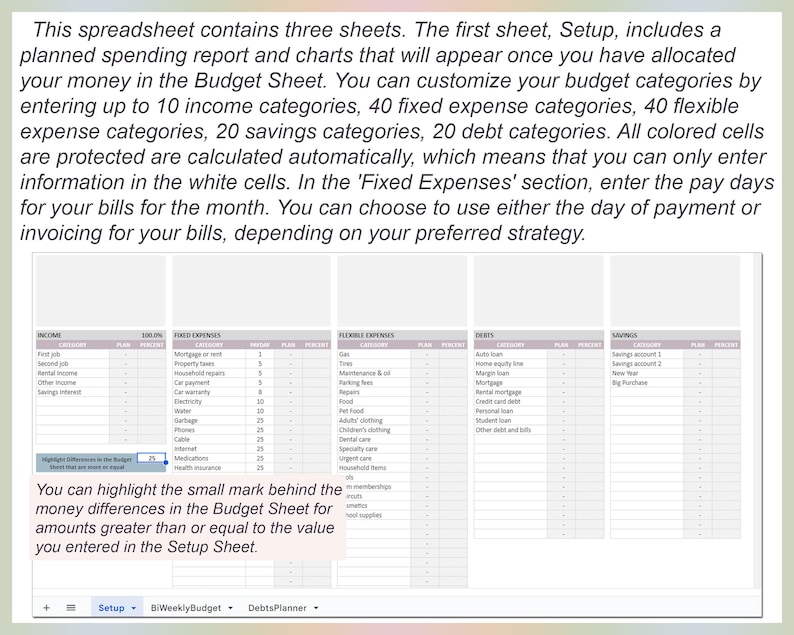May include: A spreadsheet with a white background and black text. The spreadsheet is divided into four columns: Income, Fixed Expenses, Flexible Expenses, and Savings. Each column has a list of categories with a plan and percentage column. The spreadsheet is titled "BiWeeklyBudget".