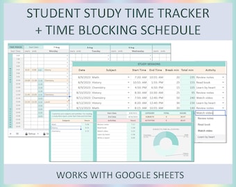 Study time tracker, Digital student planner, Homework tracker, Study schedule, Student schedule, Template, Student spreadsheet,Google sheets