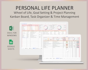 Personal planner excel, Goal setting, Wheel of Life, Life planner, Kanban board, Task tracker, Productivity, Goal planner, Project planner