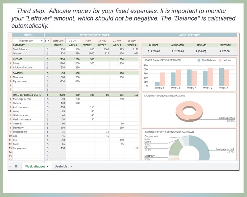 Weekly Budget Spreadsheet Template Excel Planner Editable Monthly ...