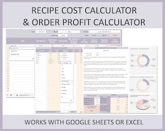 Recipe Cost Calculator Order Profit Template Baking Ingredient Formula Recipe Costing Spreadsheet Excel Google Sheets Tool Kitchen Pricing