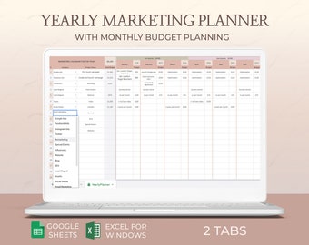 Marketing planner, Marketing calendar, Marketing budget, Content social marketing plan, Marketing strategy, Spreadsheet, Google sheet, Excel