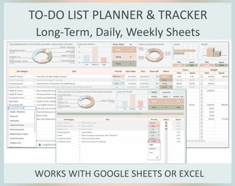May include: A pastel pink and green printable to-do list planner and tracker for long-term, daily, and weekly tasks. The planner includes sections for tasks by category, priority, and status. It also includes a budget tracker and a visual representation of tasks allocated by category.