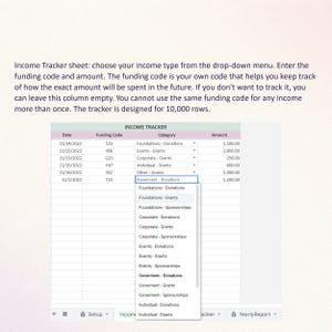 Puede incluir: Una hoja de c&aacute;lculo de seguimiento de ingresos con columnas para fecha, c&oacute;digo de financiaci&oacute;n, categor&iacute;a y cantidad. Un men&uacute; desplegable muestra varios tipos de ingresos como subvenciones, donaciones y patrocinios.