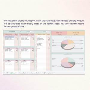 Puede incluir: Una plantilla de hoja de c&aacute;lculo digital para seguimiento financiero con una pesta&ntilde;a de configuraci&oacute;n e informe. La interfaz muestra categor&iacute;as de ingresos y gastos, totales calculados y dos gr&aacute;ficos circulares de desglose.